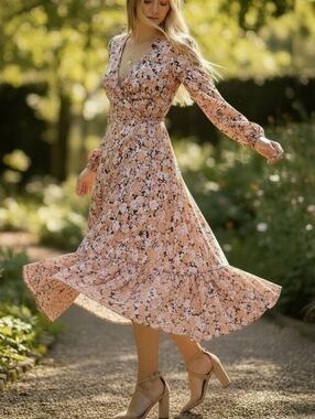 WayF Floral Multicolor Midi Dress Pink/Orange Women's Size S Feminine Spring